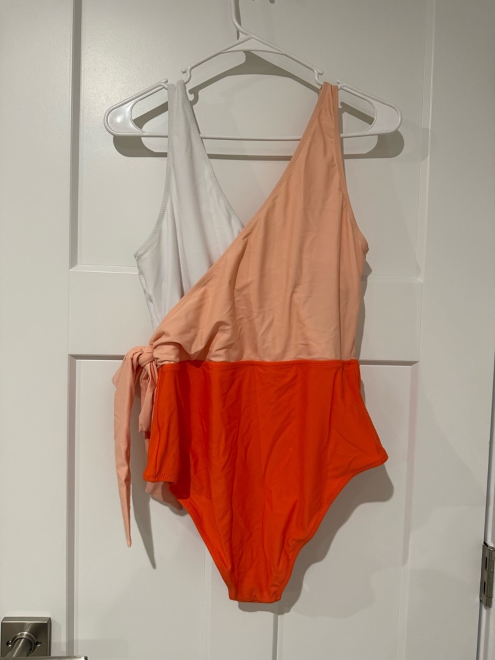 Colorblock One-Piece Swimsuit with Side Tie - Peach, White & Bright Orange - Picture 2 of 3